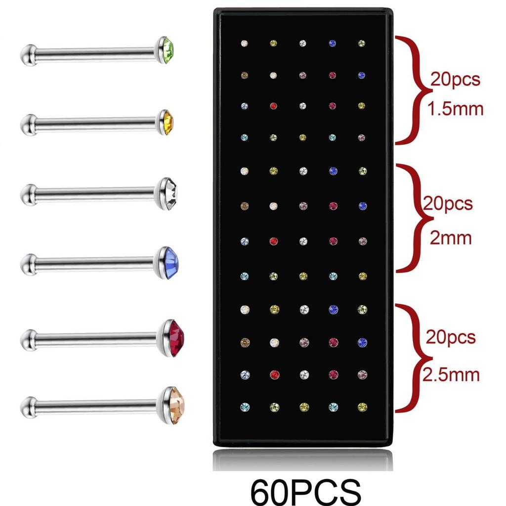 60 шт., пирсинг в носу из нержавеющей стали с кристаллами для женщин, кольцо в носу, украшения для тела прямой формы