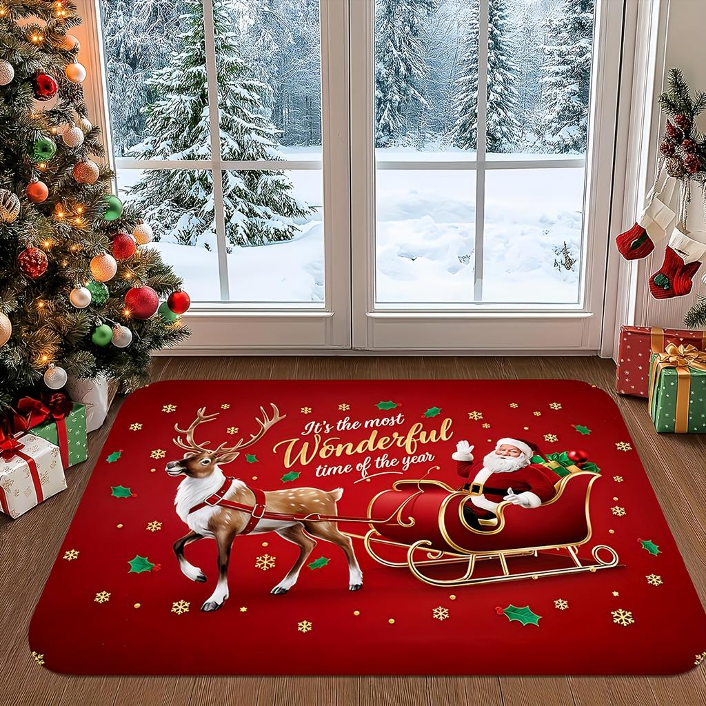 1pc Santa‑Reindeer‑Sleigh‑"The‑Most‑Wonderful‑Time‑of‑the‑Year" Print Welcome Doormat, Washable Winter Indoor Floor Mat