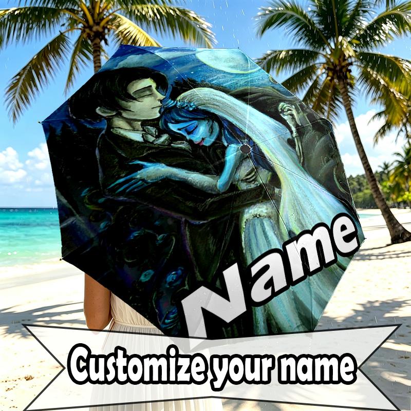 Custom Name Personalized Corpse Bride Print Umbrella, Auto Open Close, 8‑Rib Sturdy Frame, Commute Camping Hiking Use, Birthday Gift