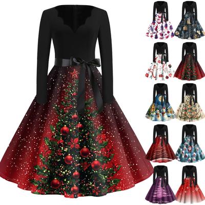 Рождественский принт расклешенное платье для женщин платье с длинным рукавом полые вечерние повседневные платья