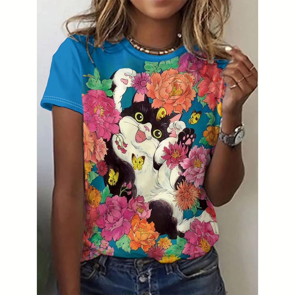 Летняя женская футболка с принтом кота, повседневная, с коротким рукавом, 3D, модная уличная одежда, женский свитер с круглым вырезом, свободная одежда