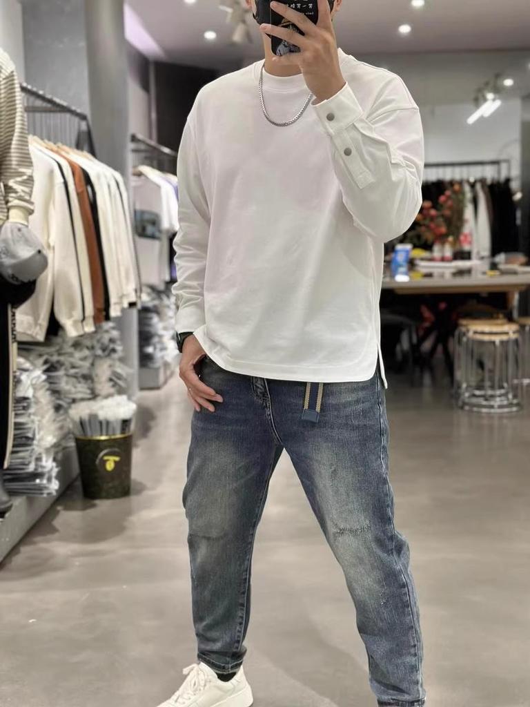 Мужская высококачественная футболка с круглым вырезом и длинным рукавом - Весна 2025 Универсальная базовая