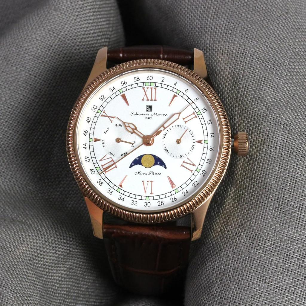 Watch Moon Phase Multi Calendar 5 ATM Water Resistant Business Formal Leather Belt Limited Model Pink Gold White [Salvatore Mara] Men's SM24110-PGWH
