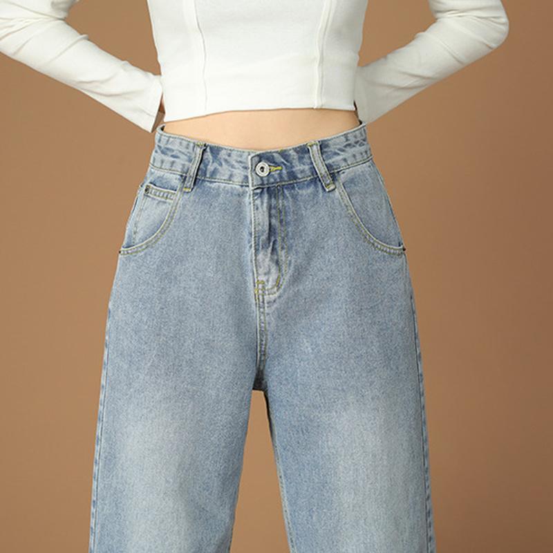 Весенне-осенние модные брюки с высокой талией, джинсы, женские джинсы со свободной талией, свободные повседневные женские прямые длинные брюки больших размеров