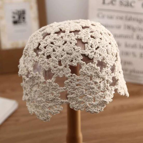 Women Knitting Hat Hollow Crochet Flower Pattern Breathable Handcrafted Hat Outdoor Work Street Wear