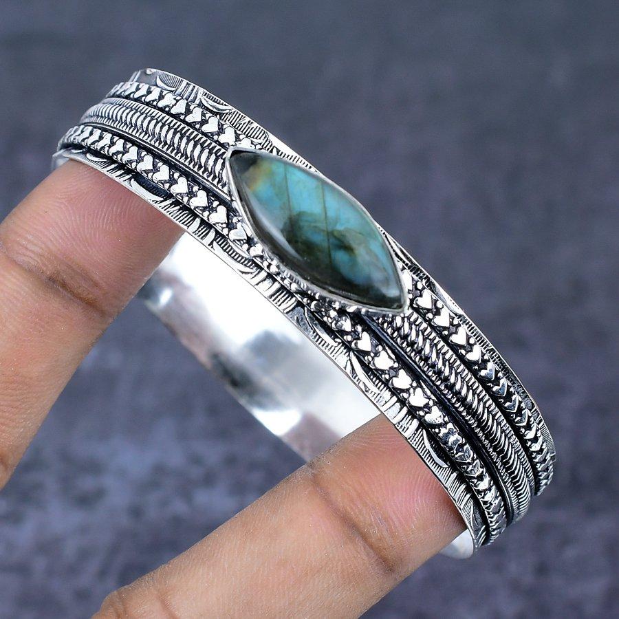 Браслет-манжета из серебра 925 пробы с натуральным лабрадоритом, ручная работа, 7,5 дюйма, b5S67