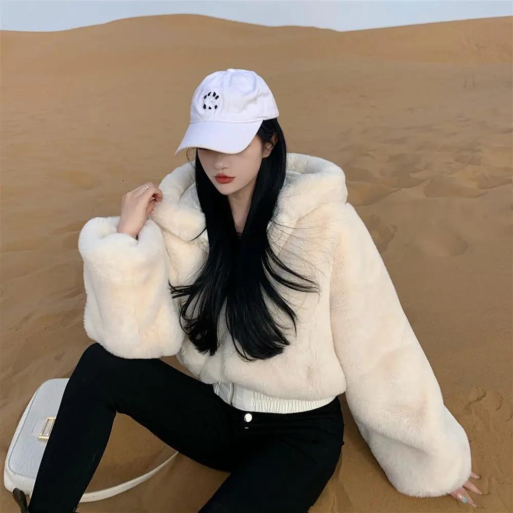 Winter Women's Faux Fur Coats and Jackets - Furry Cropped Fluffy Hooded Short Top Coat
