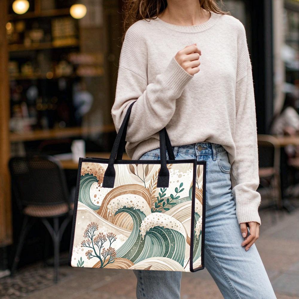 Boho Wave Pattern Tote Bag Casual Daily Use Lightweight Stylish Shoulder Bag for Commute Shopping Outdoor Activities