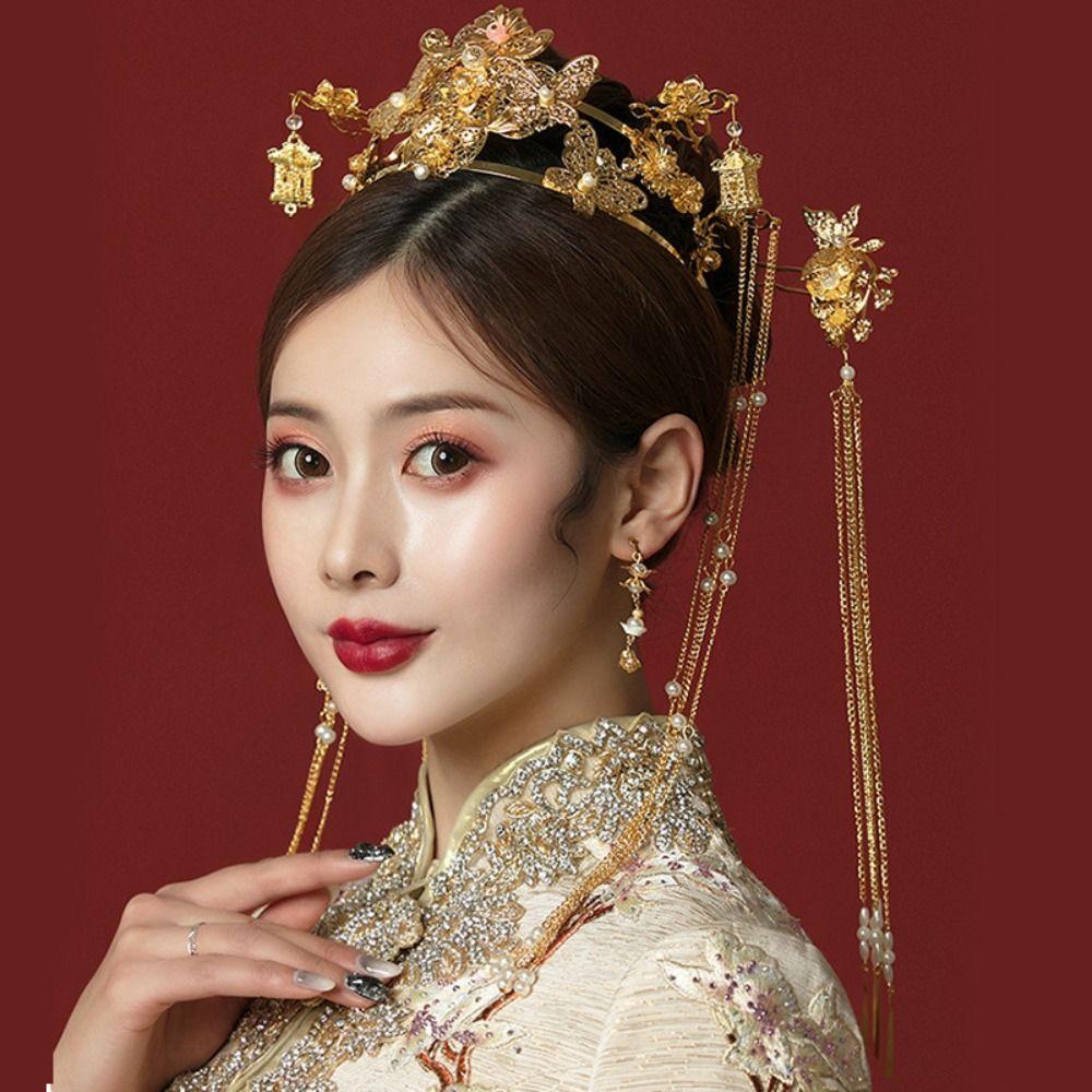 Роскошная свадебная корона для волос в китайском стиле для женщин в стиле ханьфу, ретро-корона для волос невесты, комплект ювелирных изделий