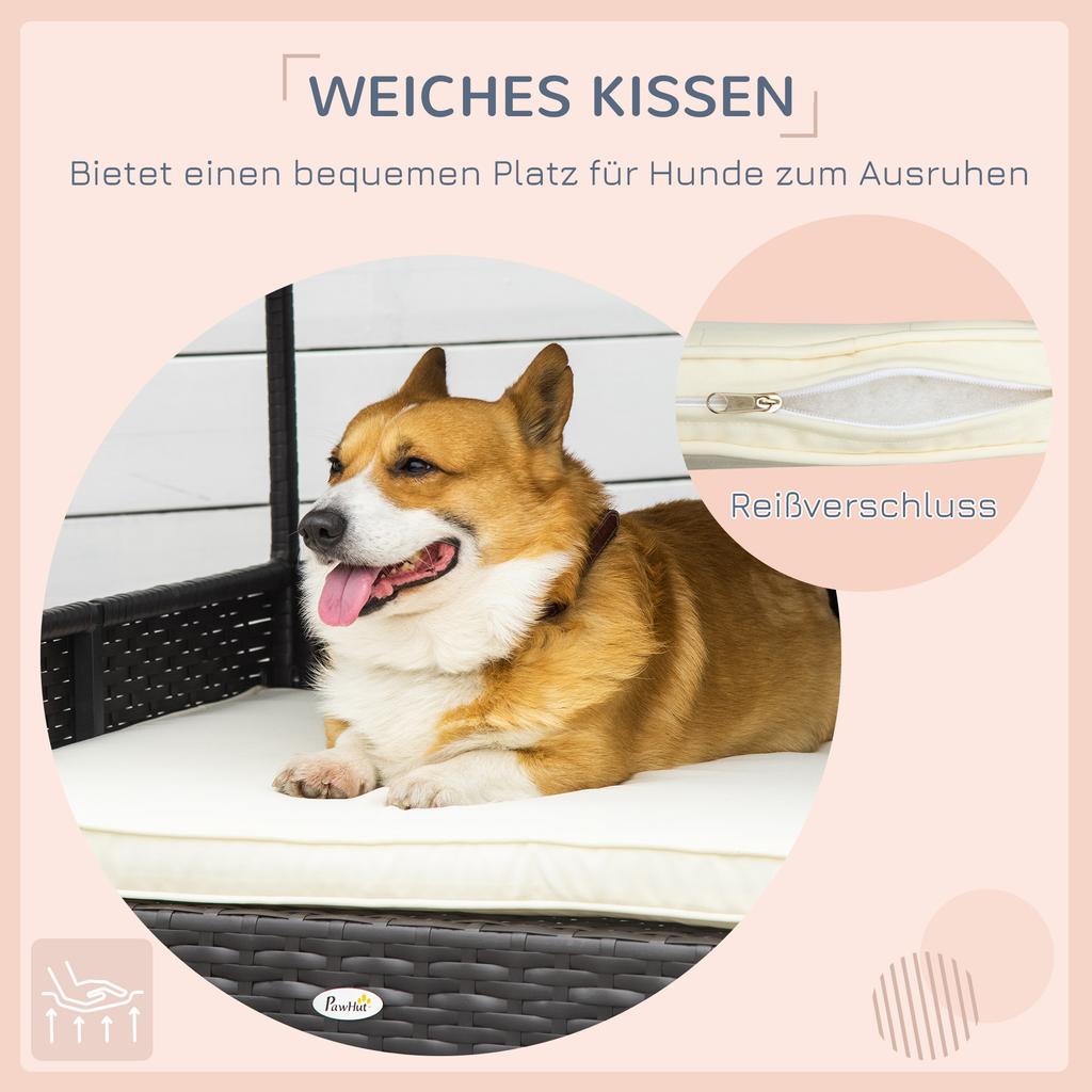 Wicker Dog Bed, Elevated Rattan Dog House with Removable Cushion and Canopy, for Small and Medium Dogs, 98 x 69 x 70cm - Cream