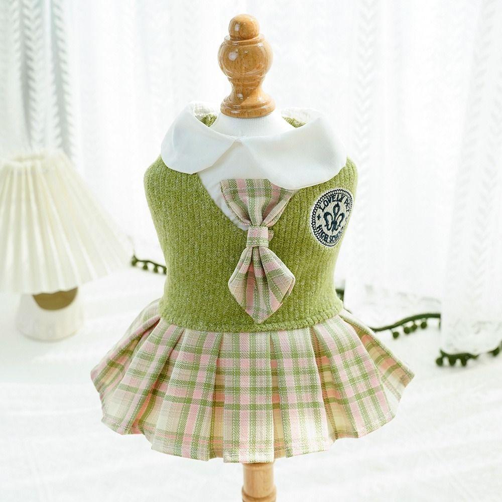 Knitted Cat Clothes Comfortable Design Dog Dress Thicken Pet JK Plaid Skirt  Small Medium Dogs