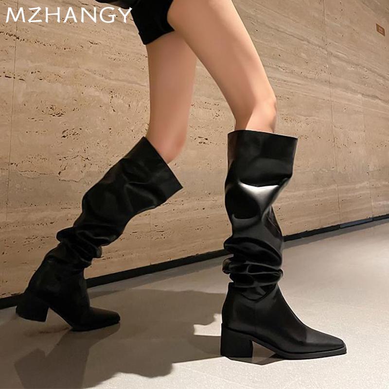 Женские высокие сапоги на среднем каблуке, кожаные массивные плиссированные туфли, женская мода 2024 года, модные ботинки челси, зимние элегантные зимние ботинки Botas Mujer