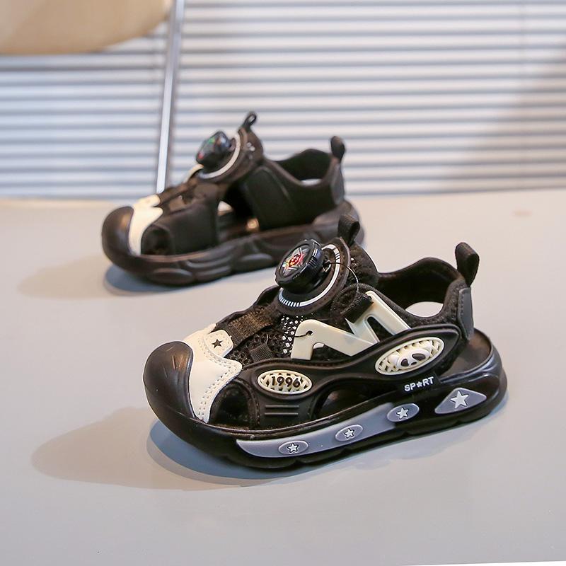 Сандалии для мальчиков, модная детская летняя обувь, с защитой от ударов, вращающимися кнопками, вырезами, полыми, детские пляжные сандалии 26-37, мягкие