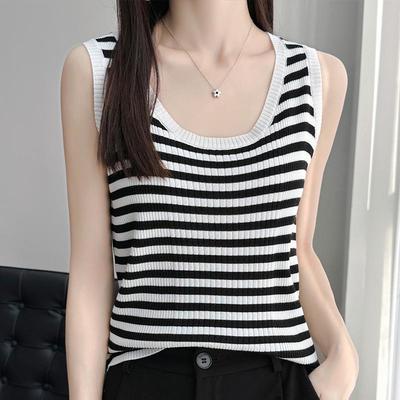 Женская летняя безрукавка из шелкового трикотажа Ice Silk Kint Camisole - Полосатый жилет с круглым вырезом