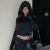 Y2K Black Folds Crop Top Hooded Full Sleeve T-Shirt Women Punk Gothic Fashion Autumn Korean Pullovers Streetwear