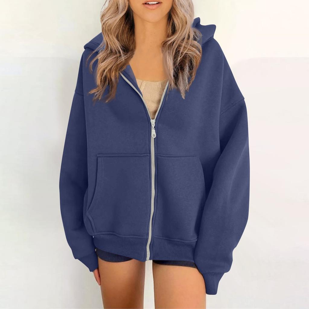 Women's Plain Color Casual Zipper Hooded Cardigan Coat With Pockets