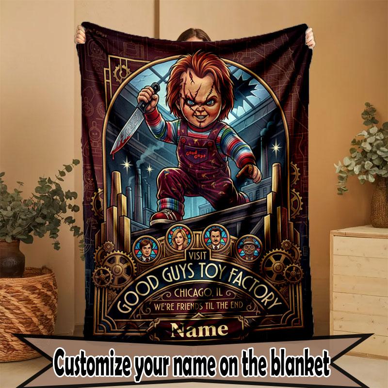 Custom Name Personalized Horror Theme Chucky Print Blanket, Home Decor, Bedroom, Sofa, Camping, Couch, Gifts for Birthday Christmas