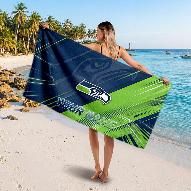 Seattle Seahawks Customized Name Text Beach Towel, Soft Absorbent Towel Beach Pool Travel Personal Gift