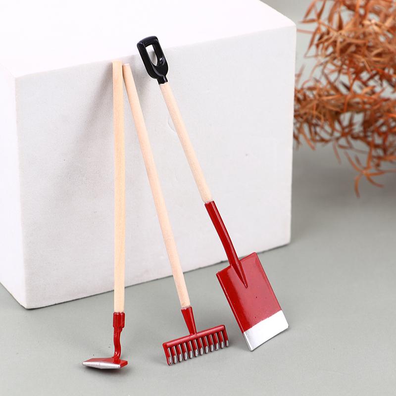 3Pcs 1:12 Dollhouse Miniatures Gardening Shovel Rake Hoes Farm Tool Doll Decor Fairy Garden Accessories Furniture Toys