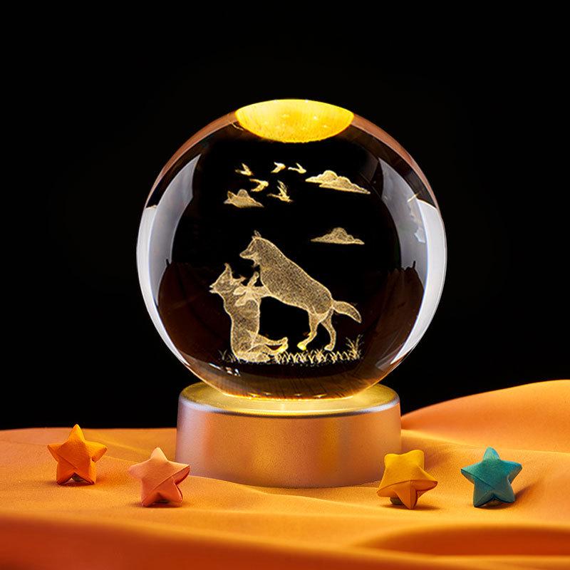Музыкальная шкатулка из кристалла с 3D-гравировкой двух собак, с теплой подсветкой, заряжаемая ночник