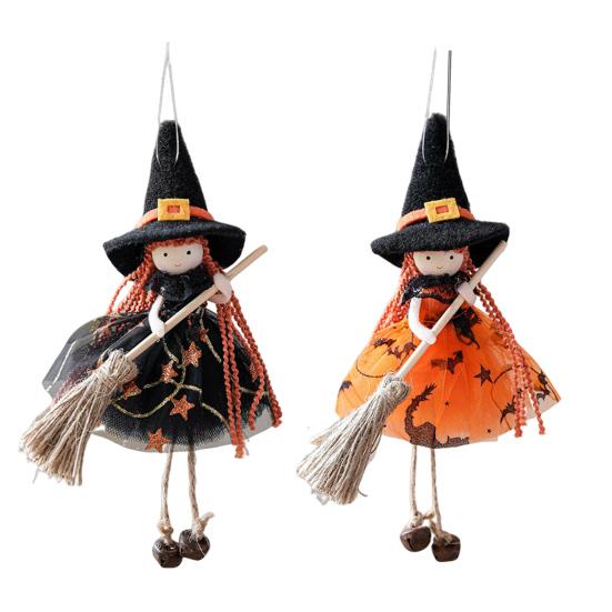 Halloween Witch Doll Decor with Broom Small Witch Figurine with Gauze Skirt Kitchen Hanging Witch Ornament for Room Door Window Halloween Decor
