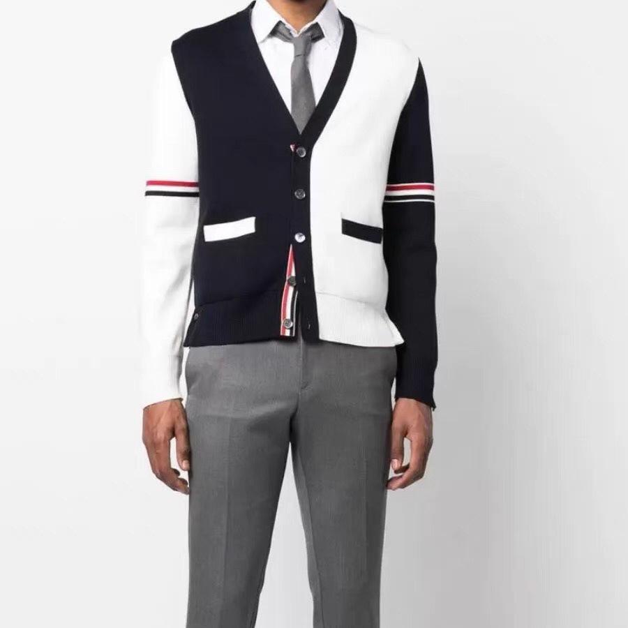 Autumn/Winter Unisex Double Sleeve Cotton Cardigan – Red, White & Blue Color Block with Five Buttons