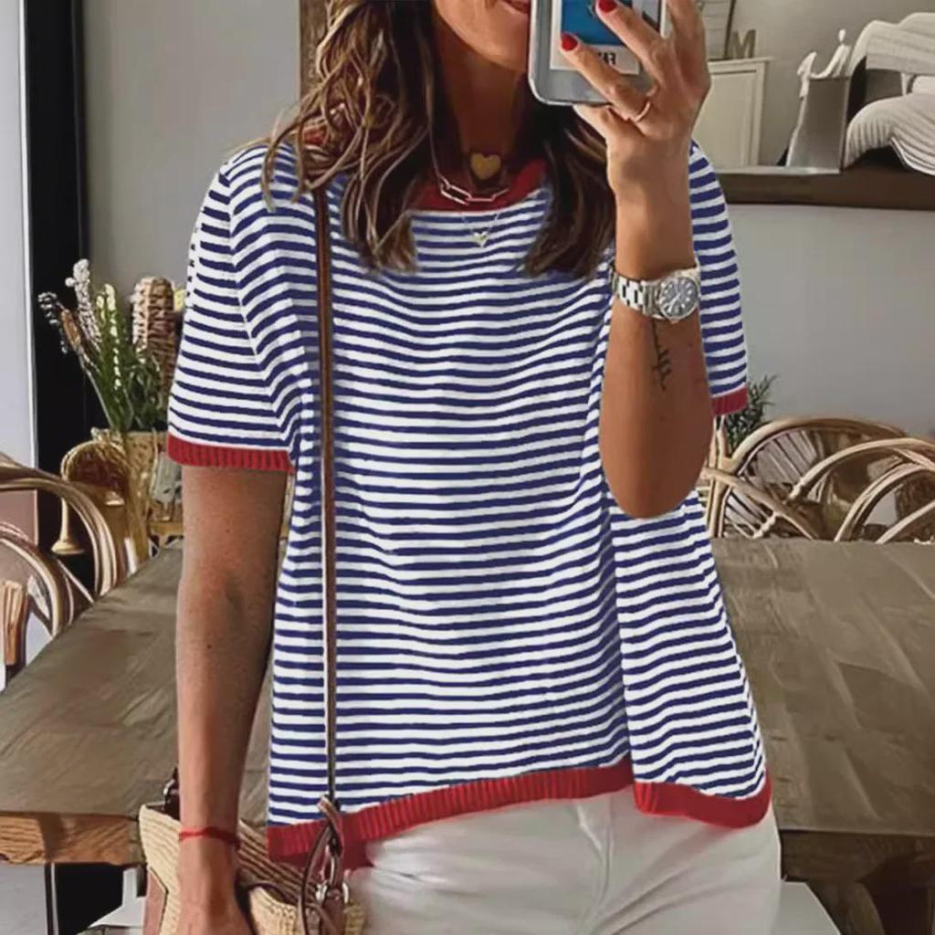 2025 Полосатый контрастный вязаный свитер: Европейский/американский стиль, спущенное плечо, короткий рукав