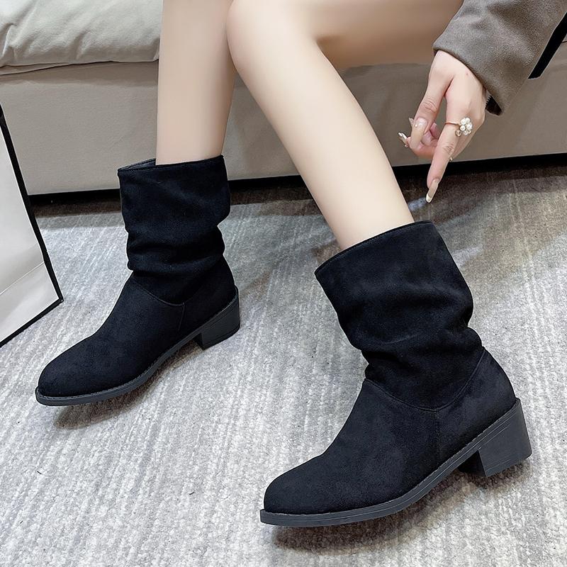Fashion 2024 Winter Women's New Western Boots Fashionable Thick Heel Slip-on Ankle Boots Women's Outdoor High Heel Mid-calf Boots