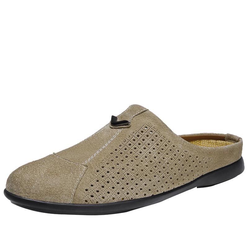 Модные новые мокасины с открытыми носками для мужчин, повседневные кожаные полутапочки для мужчин, дышащие мужские тапочки, летняя дизайнерская мужская обувь