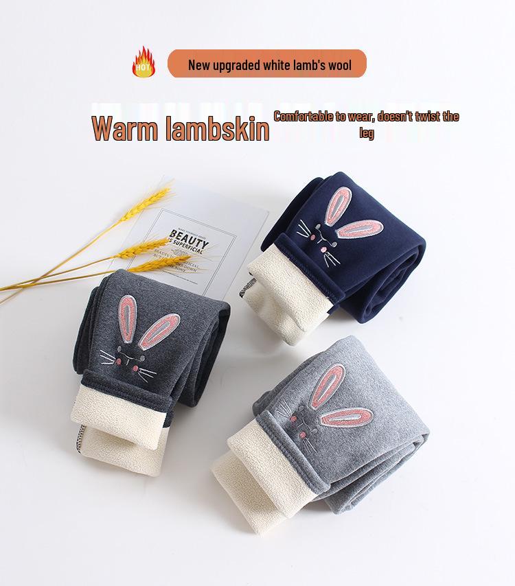 Зимние хлопковые леггинсы для девочек на флисовой подкладке с вышивкой в виде кролика