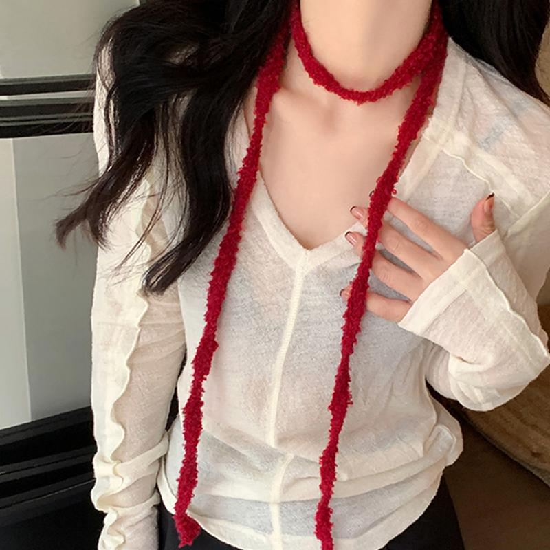 Korea Elegant Solid Color Girl Ribbon Ultra-Thin Long Vintage Scarf Women'S Decorative Tie Scarf