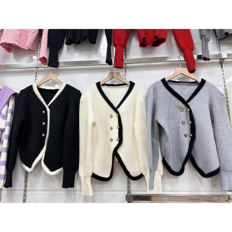 Женский осенне-зимний двубортный вязаный кардиган с V-образным вырезом и яркими цветами