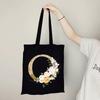 Gold Letter Flower Canvas Bag Women's Shopping Bag Reusable Large Capacity Portable Handbag Harajuku Student Shoulder Bag