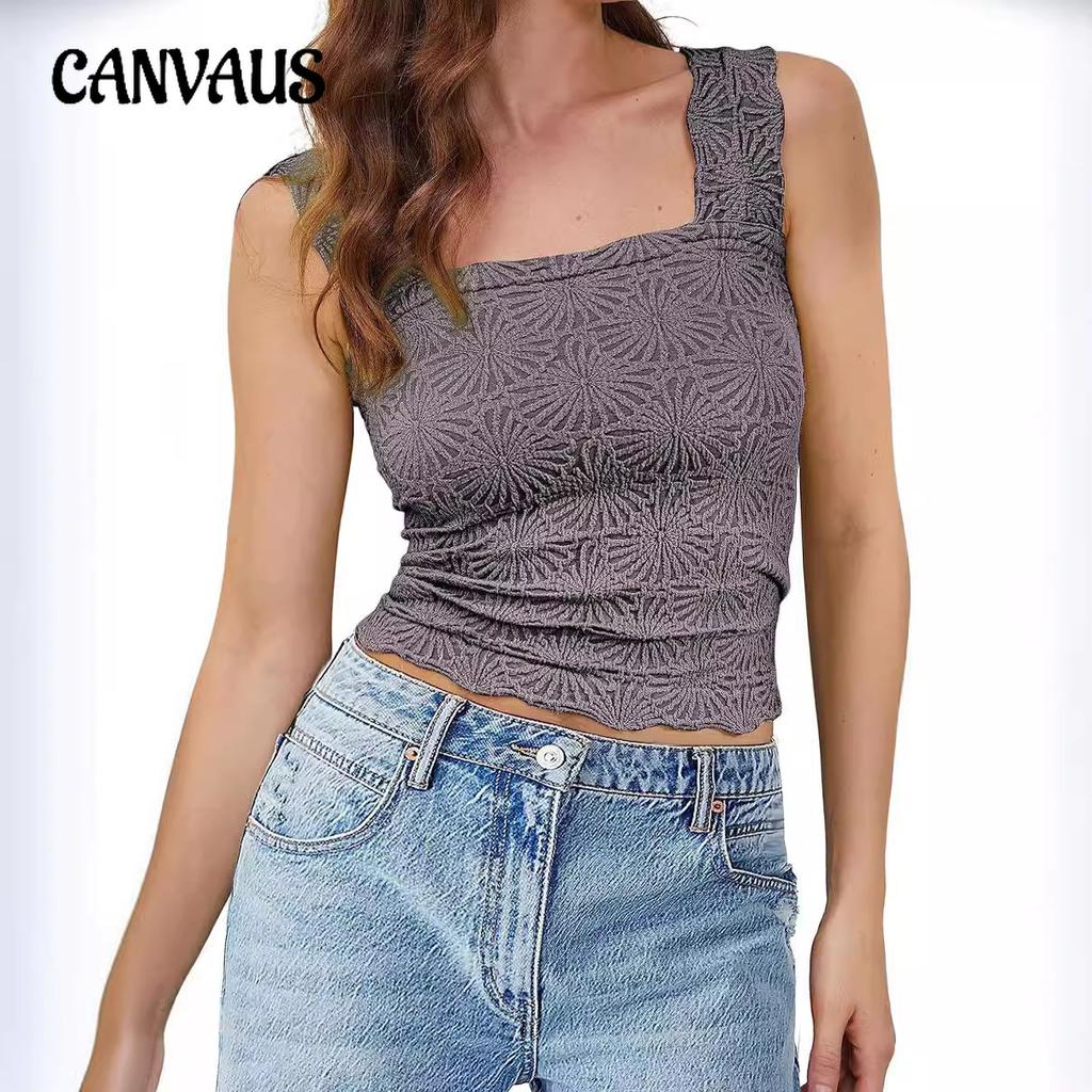 Summer Women's High Stretch Skinny Jacquard Square Neck Sleeveless Vest Women's Tops