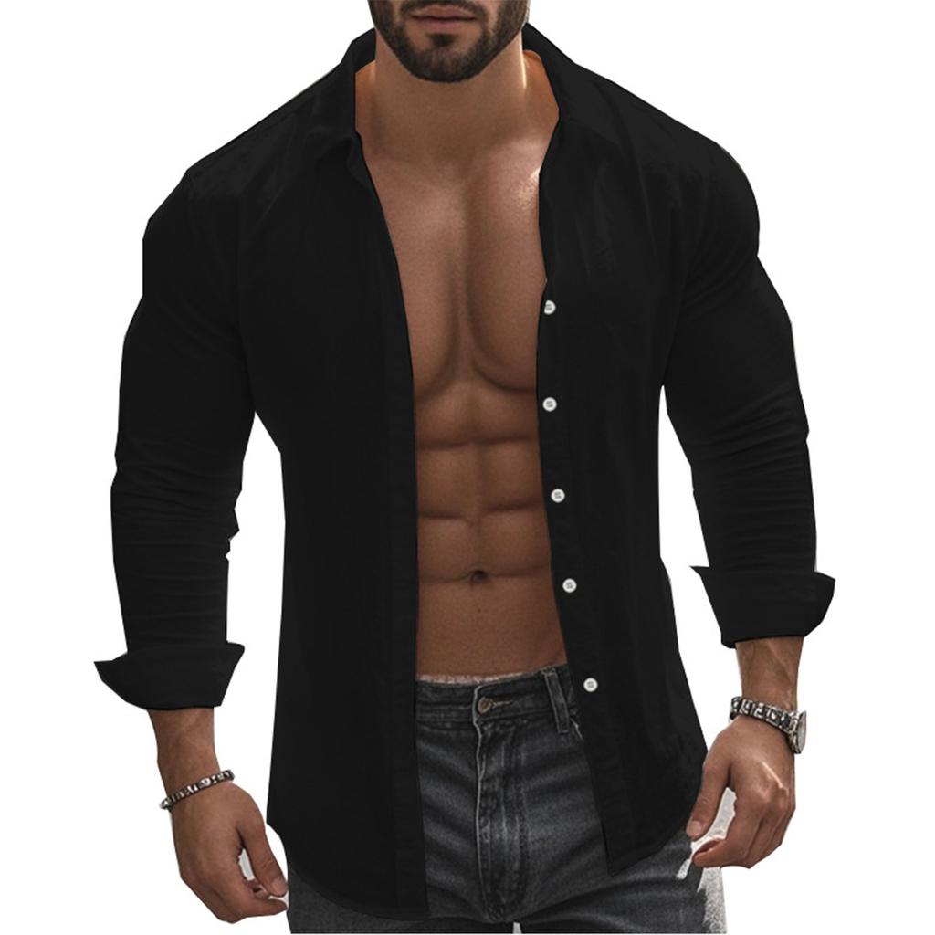 Мужская летняя однотонная рубашка с длинным рукавом из хлопка и льна с лацканами и пуговицами