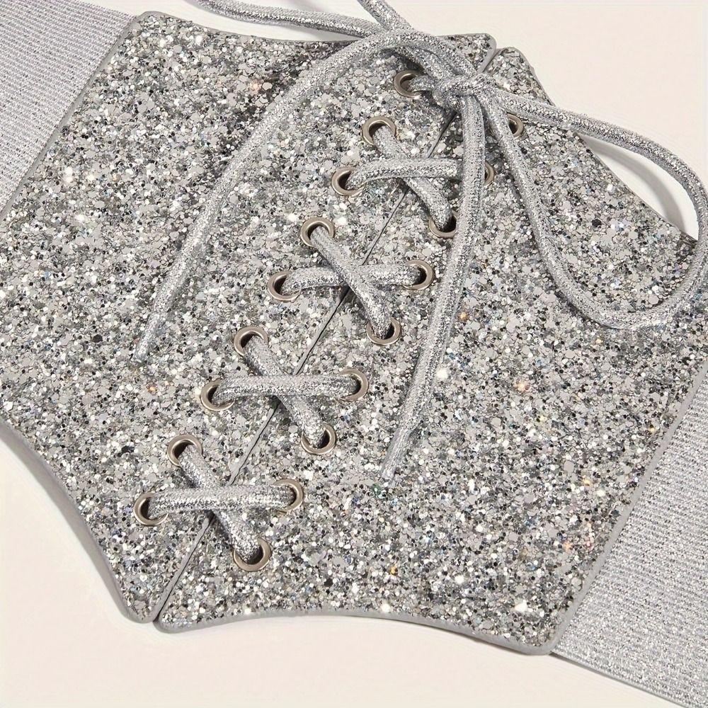 PU Leather Leopard Print Waistband Elastic Blingbling Corset Belt Gold Cummerbunds Women