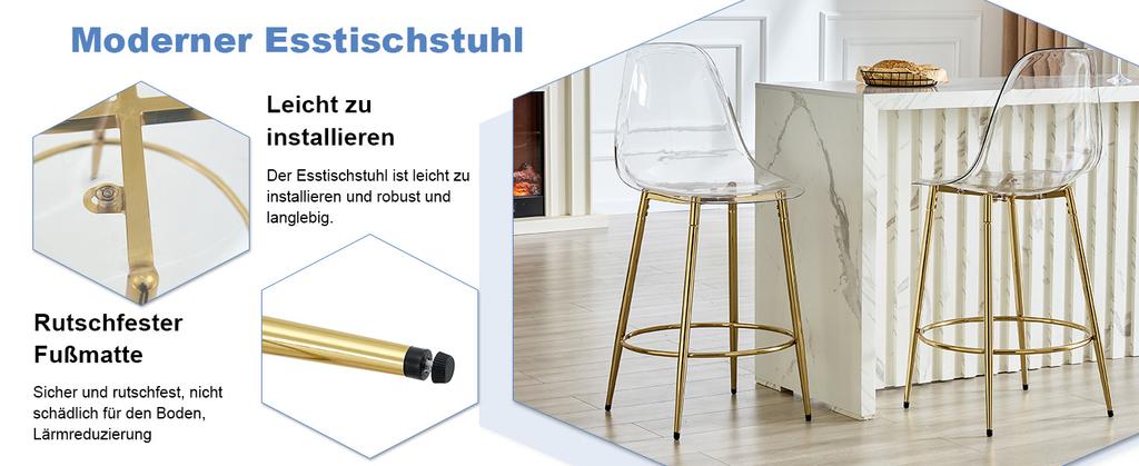 Set of 2 Transparent Bar Stools, Floating Design - Ideal for European Open Kitchens. Gold Metal Legs Match Light Luxury Minimalism. Height: 102 cm.