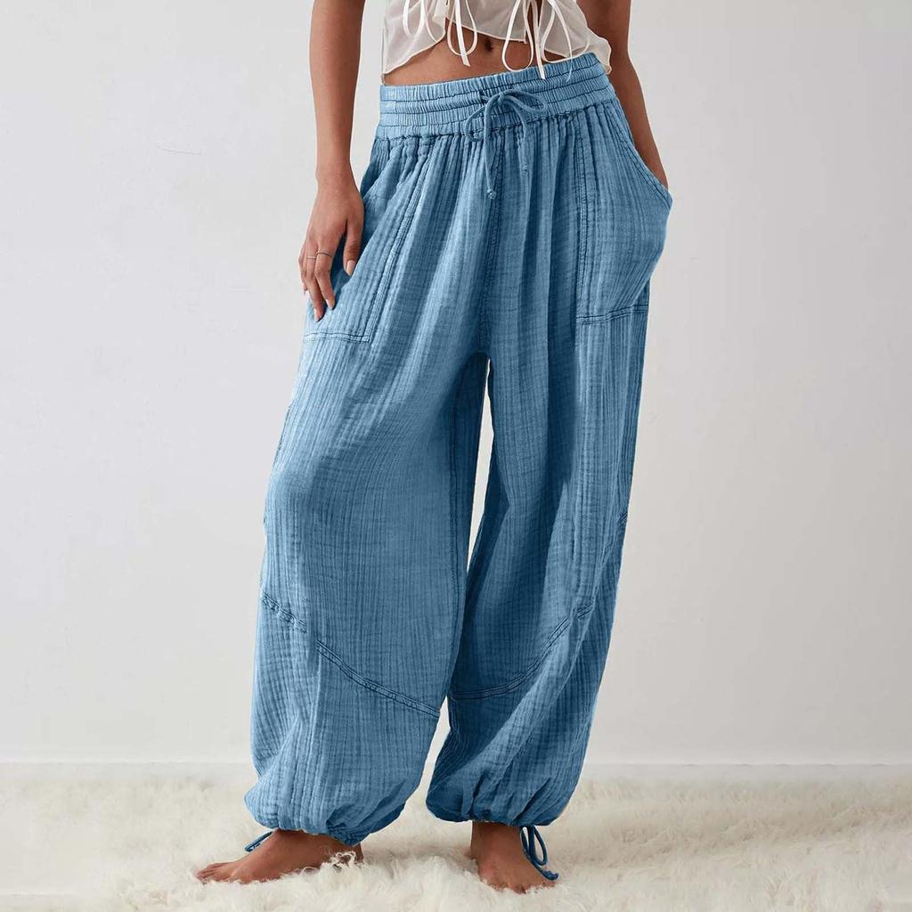 Женские модные свободные однотонные повседневные брюки с эластичной резинкой на талии и карманами