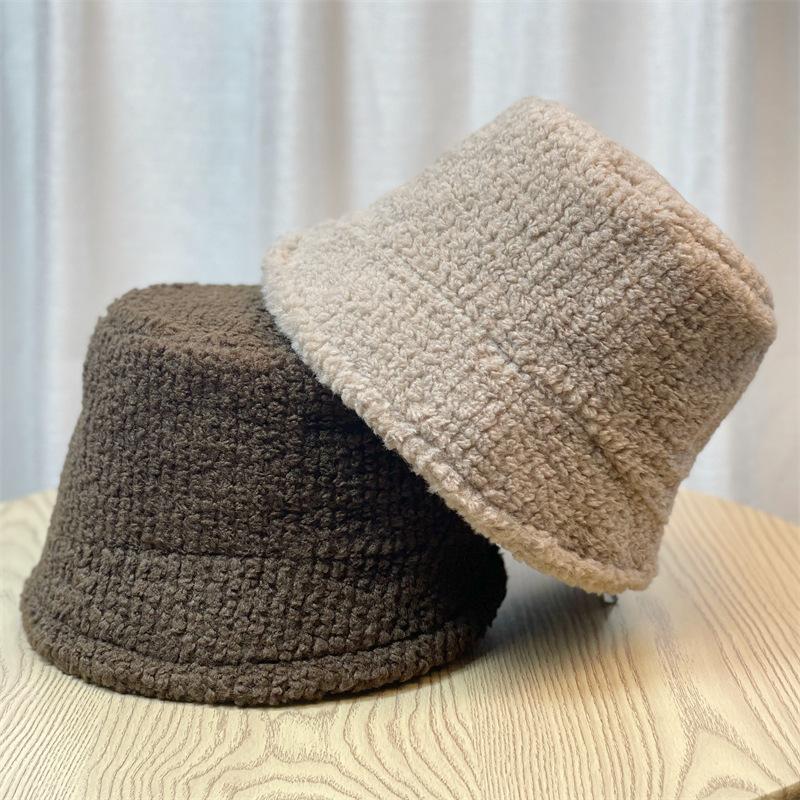 Lamb wool face-slimming fisherman hat for women, autumn and winter versatile, plush, cute, warm, adjustable bucket hat