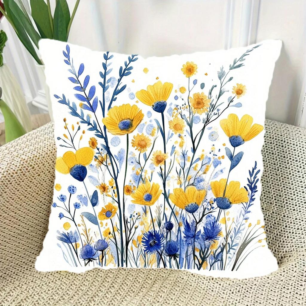 Blue Yellow Wildflower Pillow Cover Watercolor Floral Print Boho Botanical Cushion Case For Sofa Bed Couch Spring Home Decor