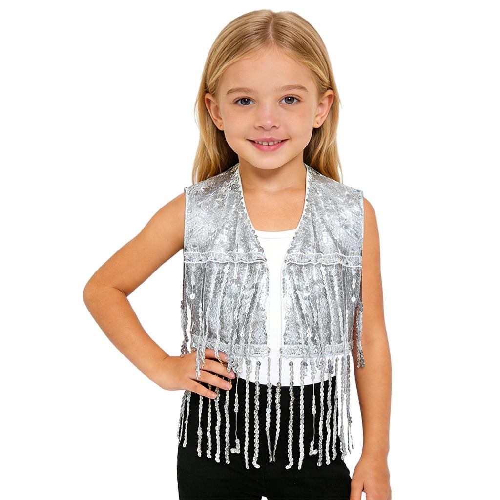 Sparkly Sequin Fringe Vest for Girls: Sleeveless Open Front Crop Top Waistcoat with Tassels, Perfect for Dance Recital & Show