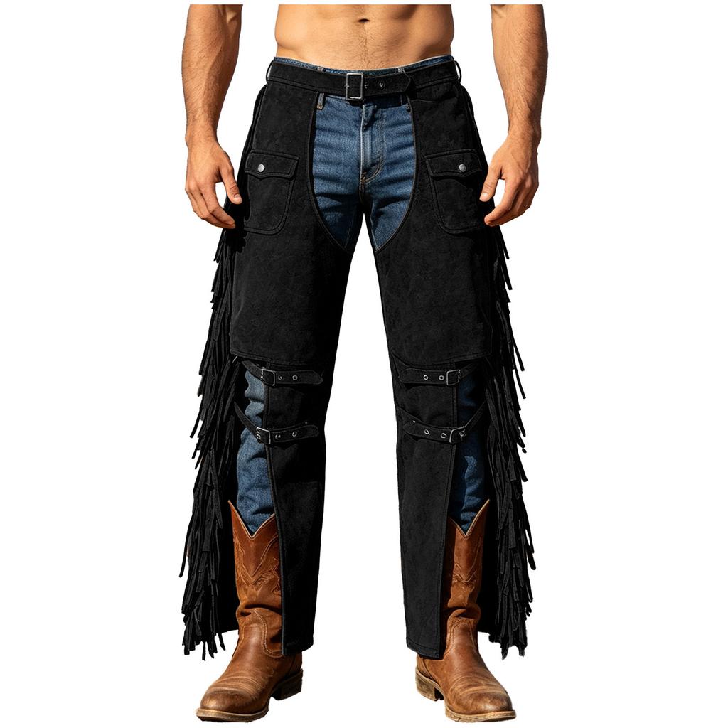 Men Western Cowboy Chaps Pants Side Tassel Split Wide Leg with Straps Adjustable Waist Faux Suede Pants for Horse Riding Rodeo