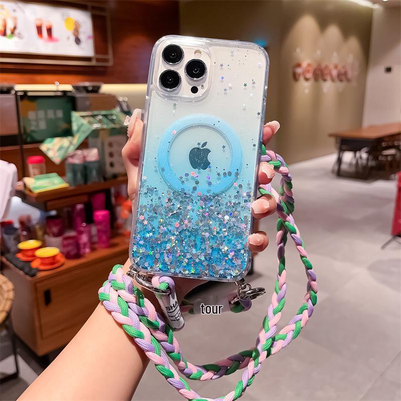 Градиентный силиконовый чехол с магнитной защитой от падений для iPhone 14 Pro Max/13/12/11/8P, в комплекте косая цепочка для подвешивания