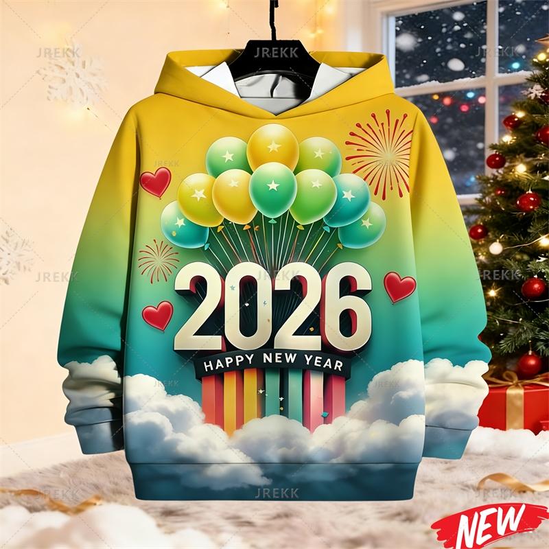 2026 New Year Hoodie For Men Colorful Balloon Firework Pattern Sweatshirt Happy New Year Party Pullovers Long Sleeve Hoodies
