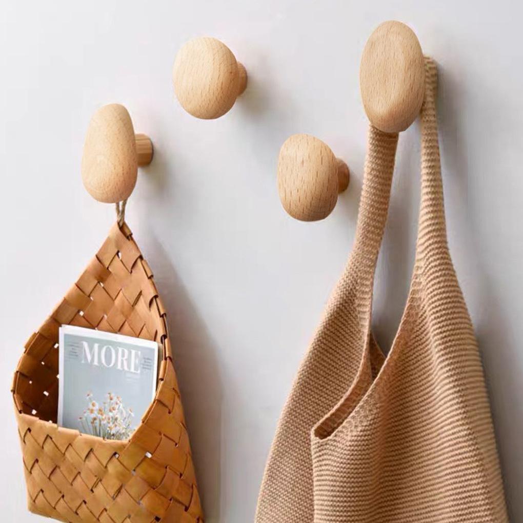 4 PCS Solid Wood Handle Clothes Hook Coat Hook Wall-mounted Hook Punch-free Door Clothes Hanger Pebble Shape Cabinet Door