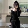VAYLA Slimming Long Sleeve Black Knit T-Shirt for Women - One-Piece Wrap Around Style with Low Cut - Ins Top Slimming Shape-Wear