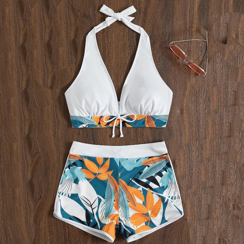 Сексуальные бикини женские летние из двух частей купальник с принтом женский пуш-ап Холтер с рюшами и запахом спереди купальный костюм с высокой талией