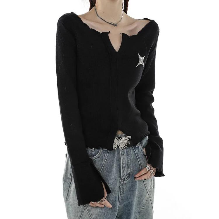 Y2K готические черные укороченные топы женские футболки в стиле Харадзюку в стиле гранж с графическим рисунком винтажные тонкие футболки с длинными рукавами и v-образным вырезом Kpop Aesthetic