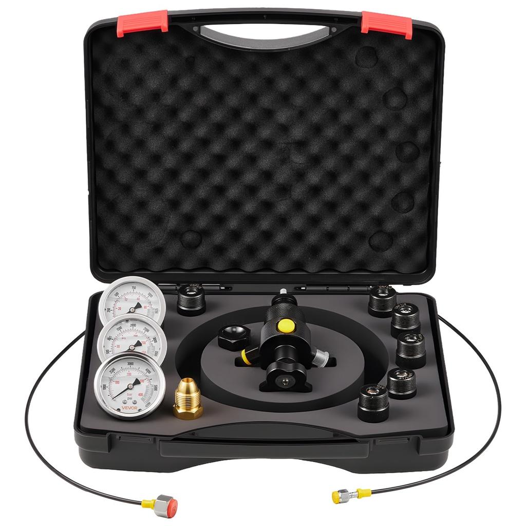 Hydraulic Nitrogen Accumulator Charging Kit, All-in-One Nitrogen Fill Kit, Pressure Test System with 3 Gauges (100, 250, 400 Bar), 6 Adapters