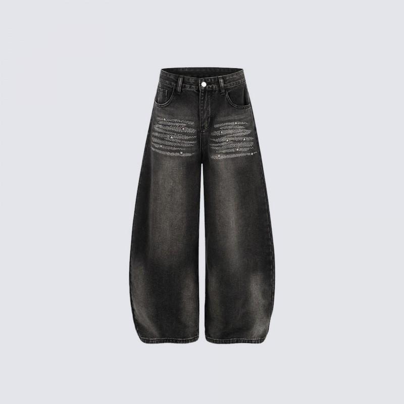 Mens American Style Heavy Industry Jeans Distressed Washed Loose Wide Leg Pants With Rivets Rhinestones
